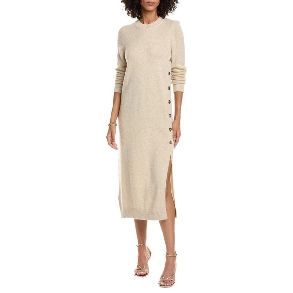 ba&sh Cream Knit Midi Dress with Side Button Detail